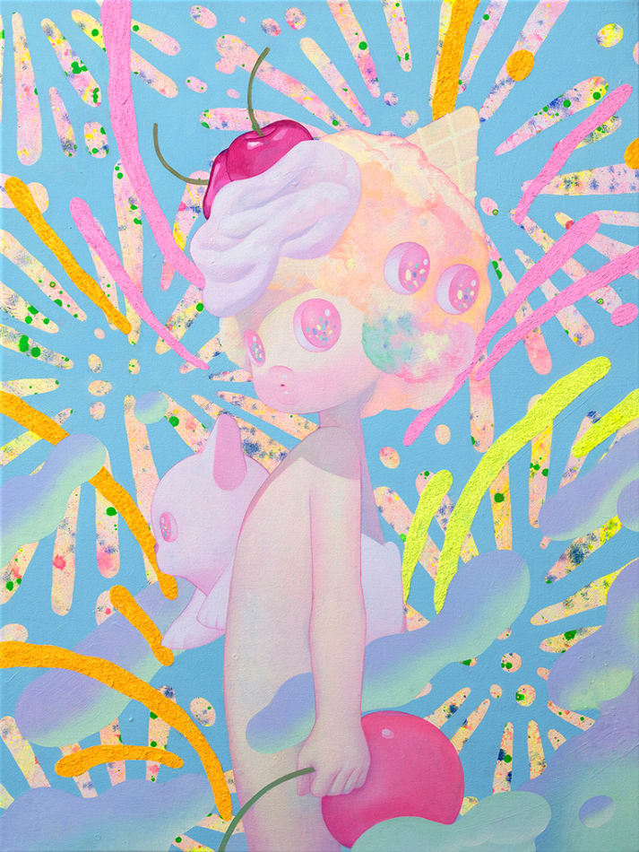 So Youn Lee painting of childlike figure holding oversized cherry and white bulldog in pastel tones