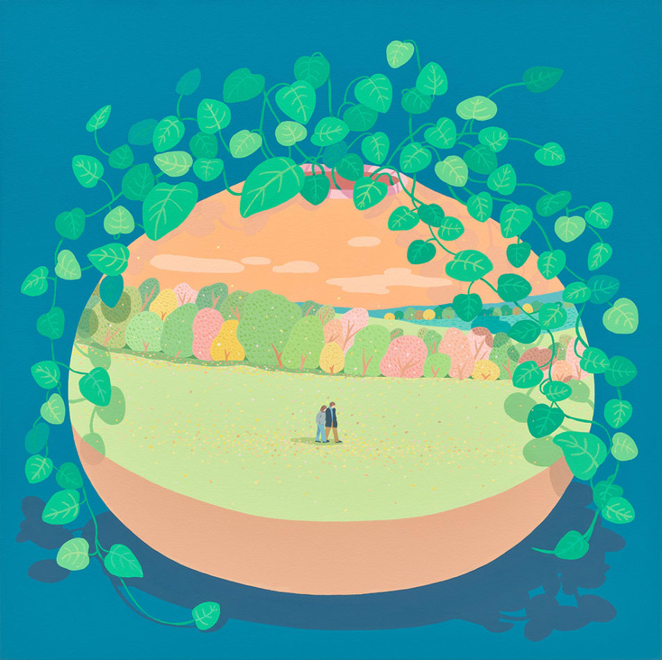 Danym Kwon - painting of a vase with plants in front of a duck blue background. On the vase painted a couple walking through a lawn in front of orange sky and a colorful forest of green, pink , and yellow.