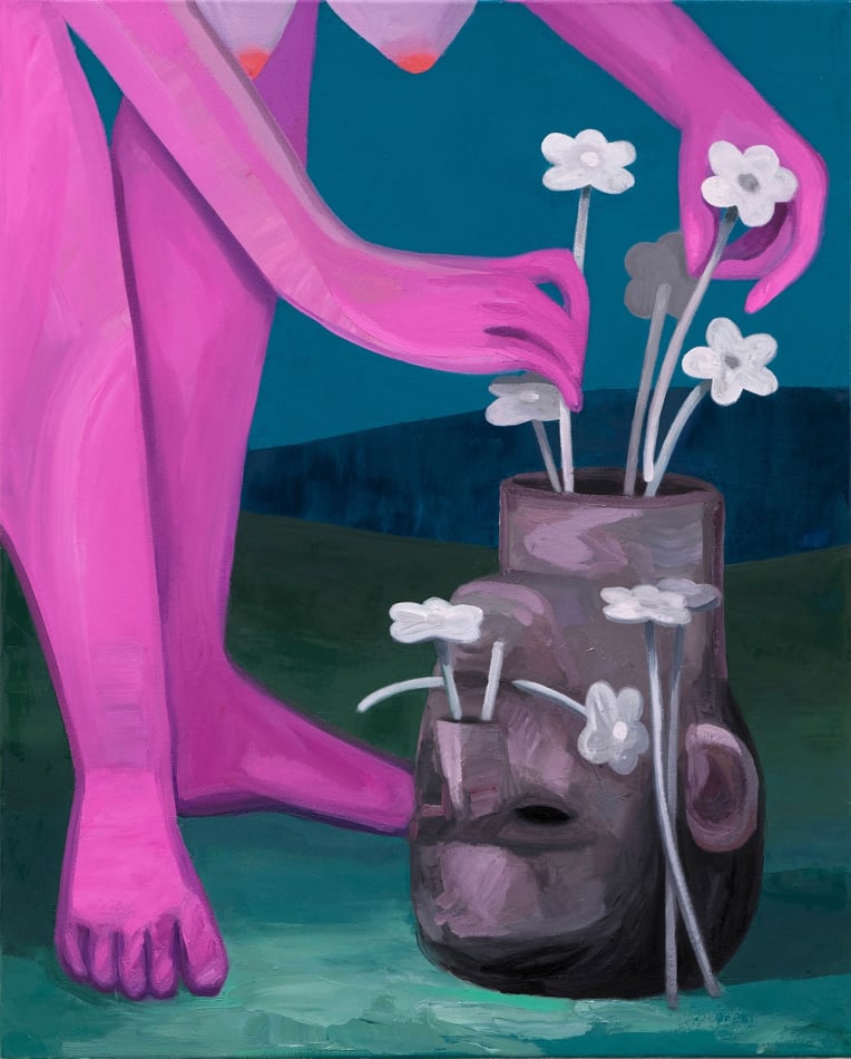 Corey K. Lamb - decapitated head upside down as vase, tended by pink female figure arranging flowers