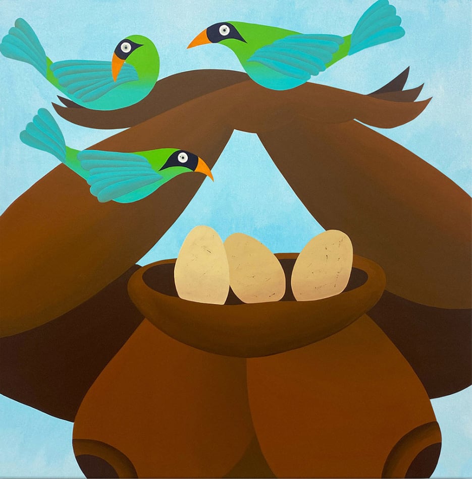 Bianca Nemelc painting of figure, bird and bird nest