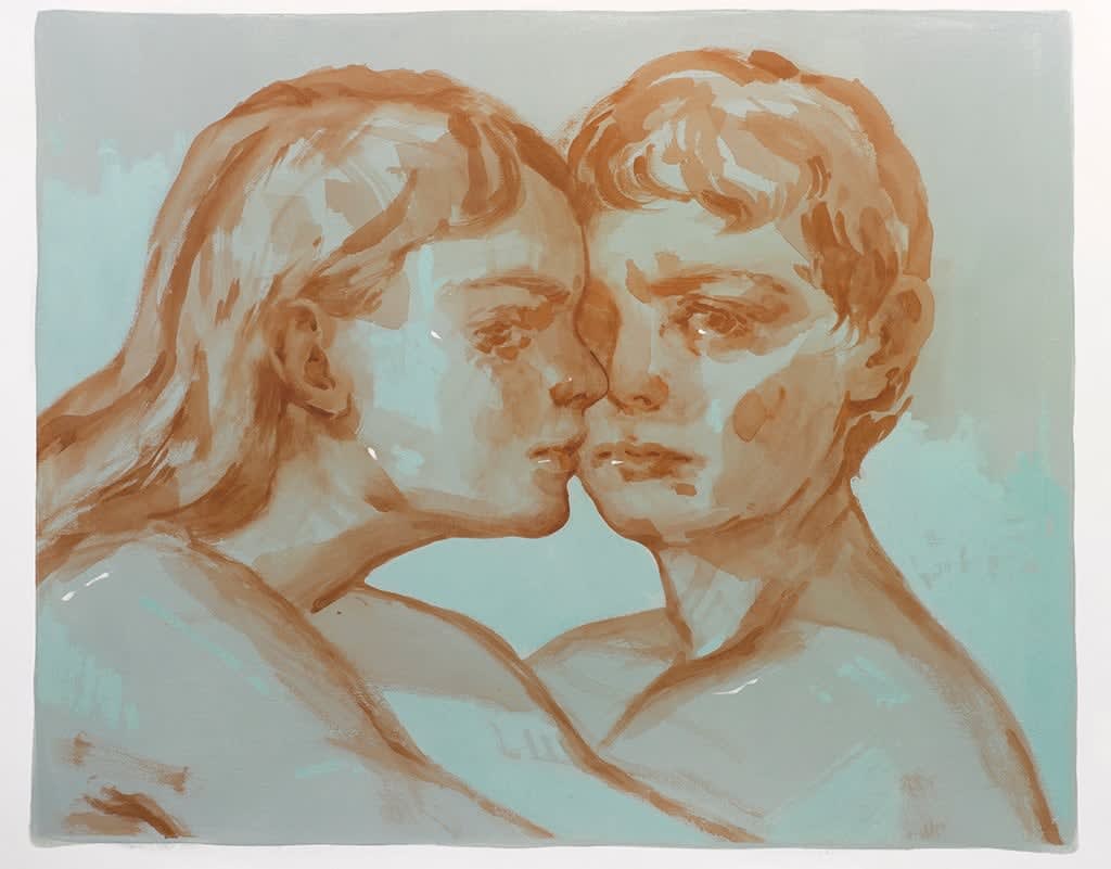 Painting of two women with the faces touching one with short hair facing forward and scrunching her brow, the other facing to the right but eyes are facing straight with long hair