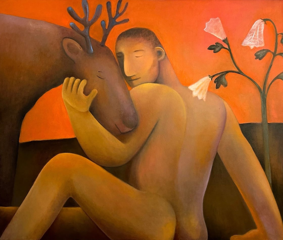 Carlos Rodriguez - painting of a nude man sitting with his back facing front. On his left, he has his arm around a dear's head and on his left grows a plant with white and transparent blooms. The background is orange.