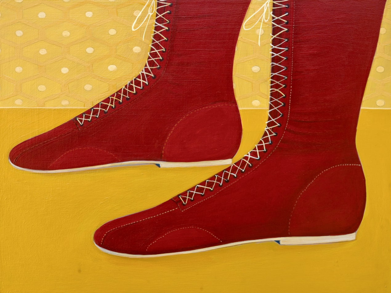 painting of feet wearing red lace up shoes on a yellow background