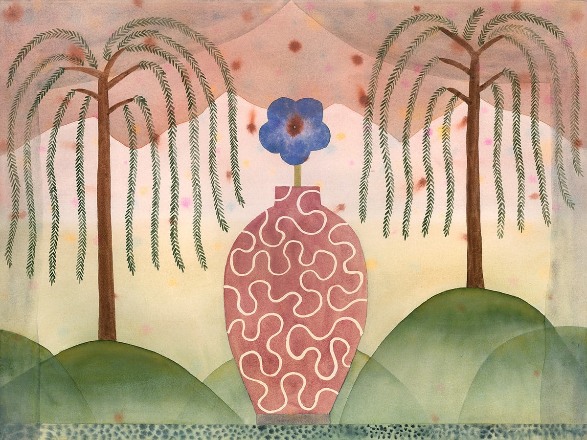 muted watercolor of a single flower in a vase in an outdoor landscape