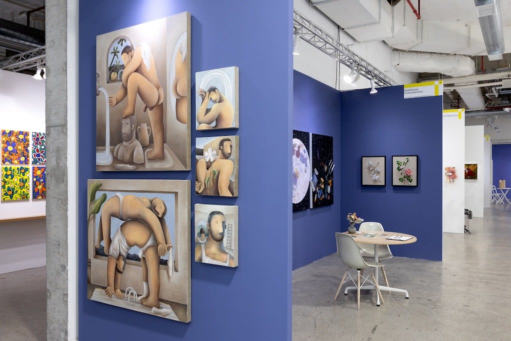 installation view of Hashimoto Contemporary booth at future fair featuring paintings on dark blue walls