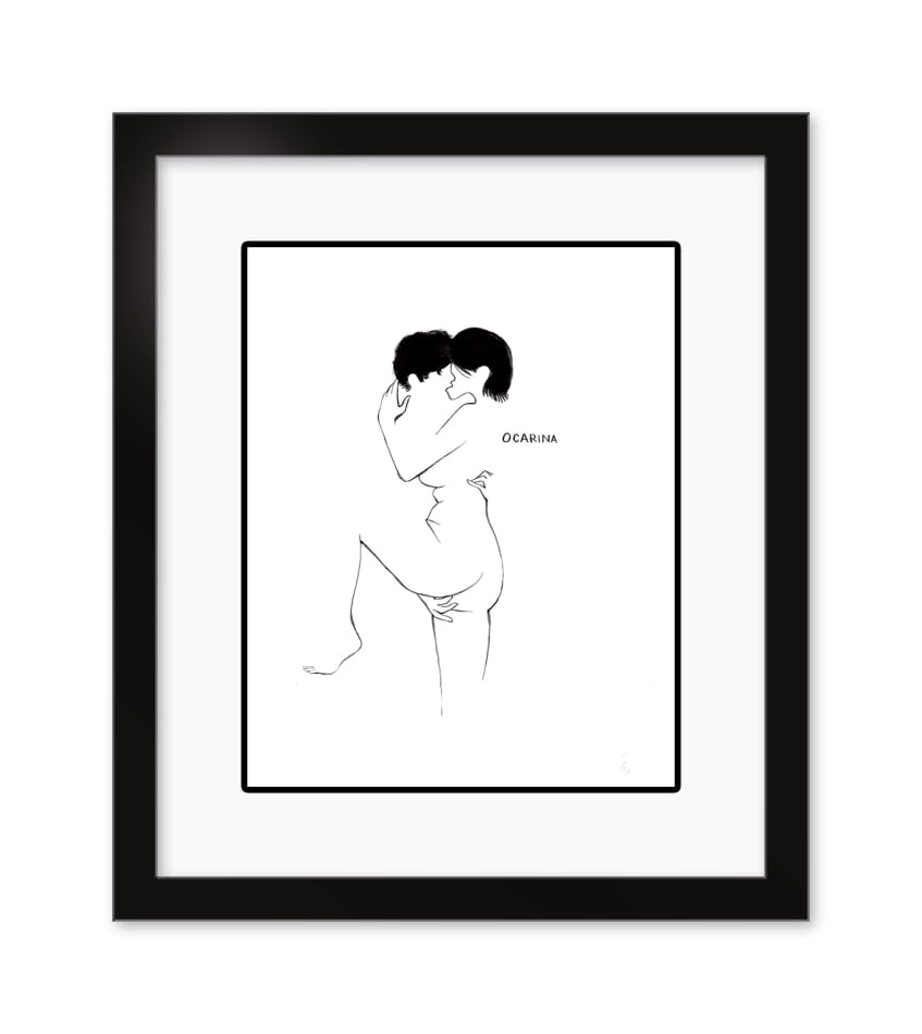 framed Petites Luxures drawing of two figures