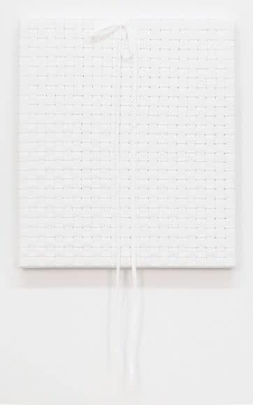 Didi Rojas woven painting of clean lace weave checkered, one bow on top middle