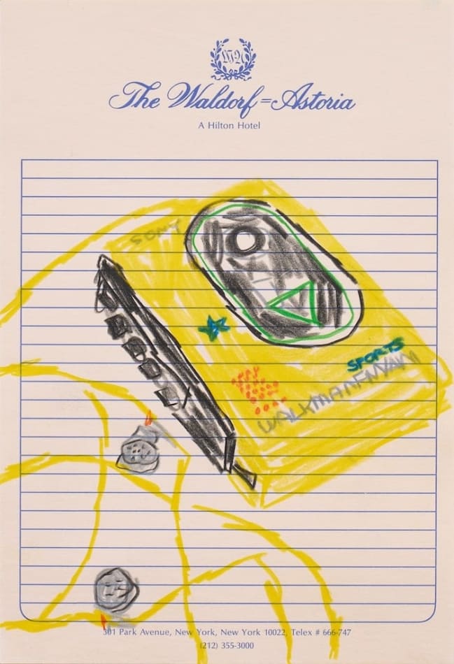 sketch of a yellow walkman music player on hotel notepad paper