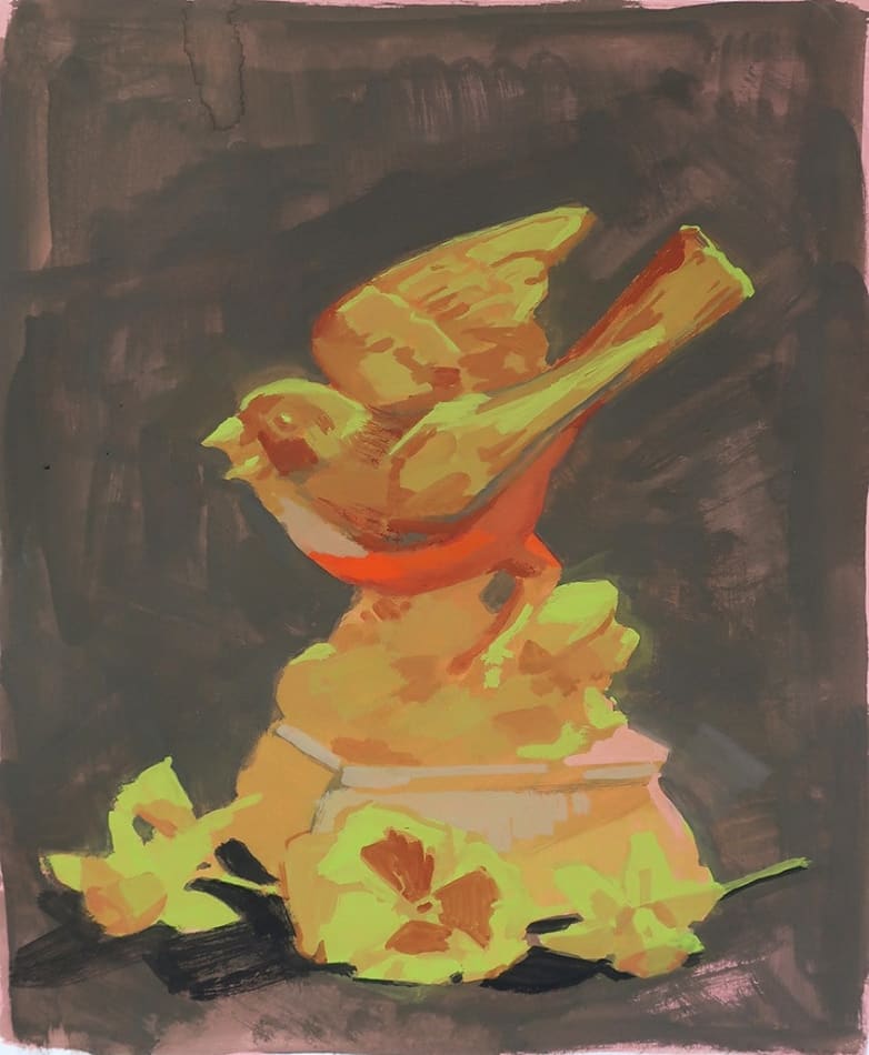 painting of a bird figuring over yellow cut flowers