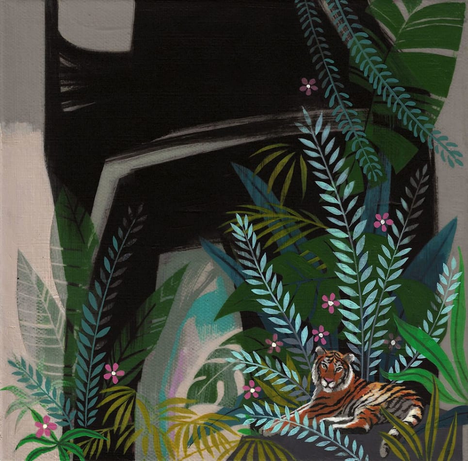 Seonna Hong painting of tiger laying surrounded by green leaves