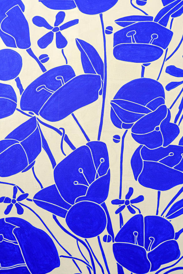 Painting of blue flowers in a vase on a white background by Sebastian Curi