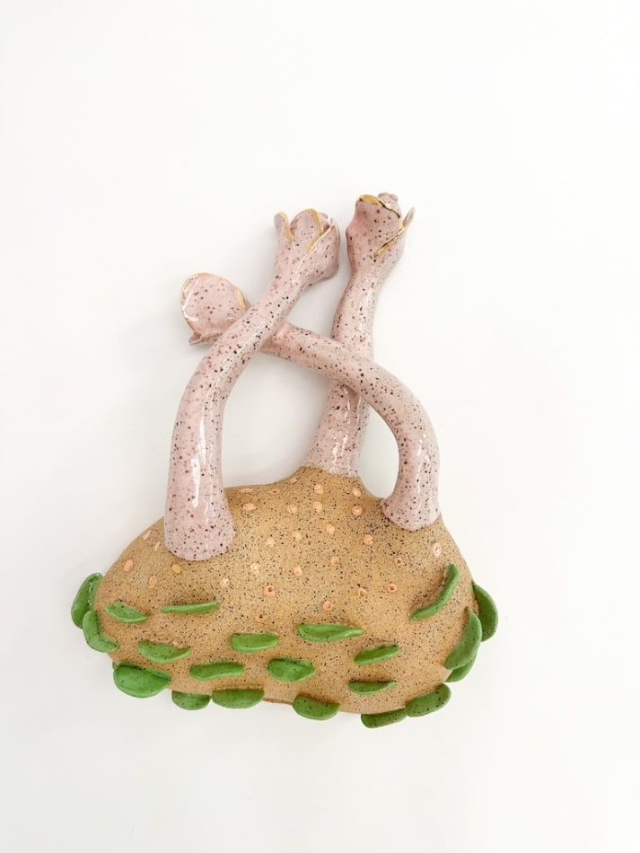 sculpture by Jen Dwyer of light pink tentacle like objects emerging from brown mound with green leafs