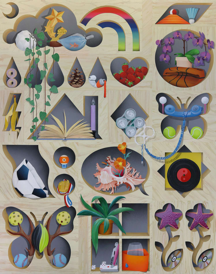 Casey Gray painting of butterflies, balls and other objects