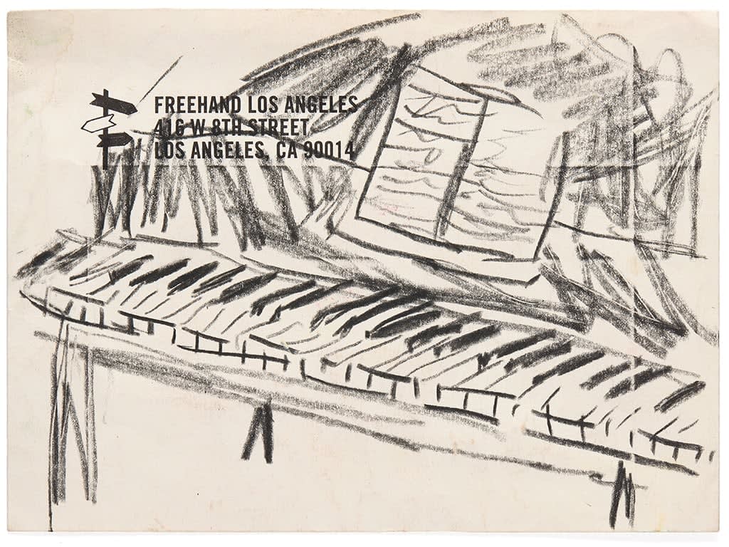 Drawing of a black piano with sheet music on hotel stationery