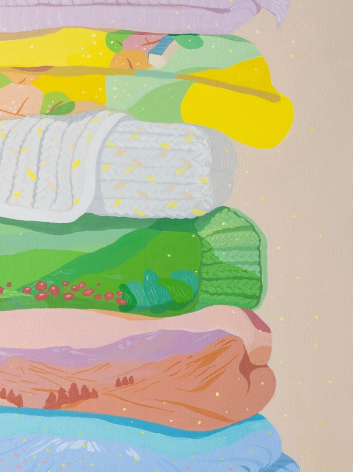 Danym Kwon painting of stacked folded sheets with patterns, trees, florals, etc