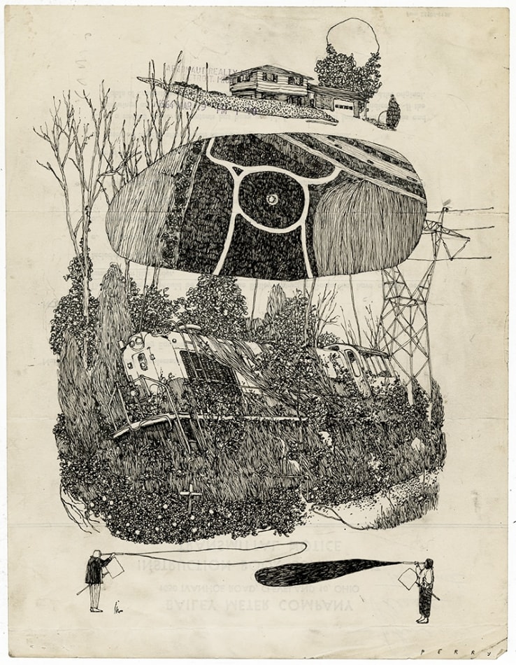 Pat Perry b&w drawing of figures, train, house and nature