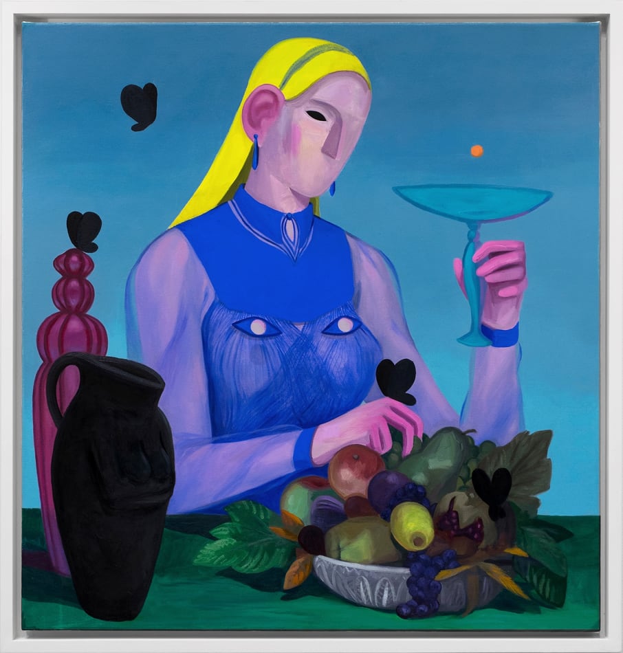 Corey K. Lamb - female figure with bowl of fruit, glasses and vases