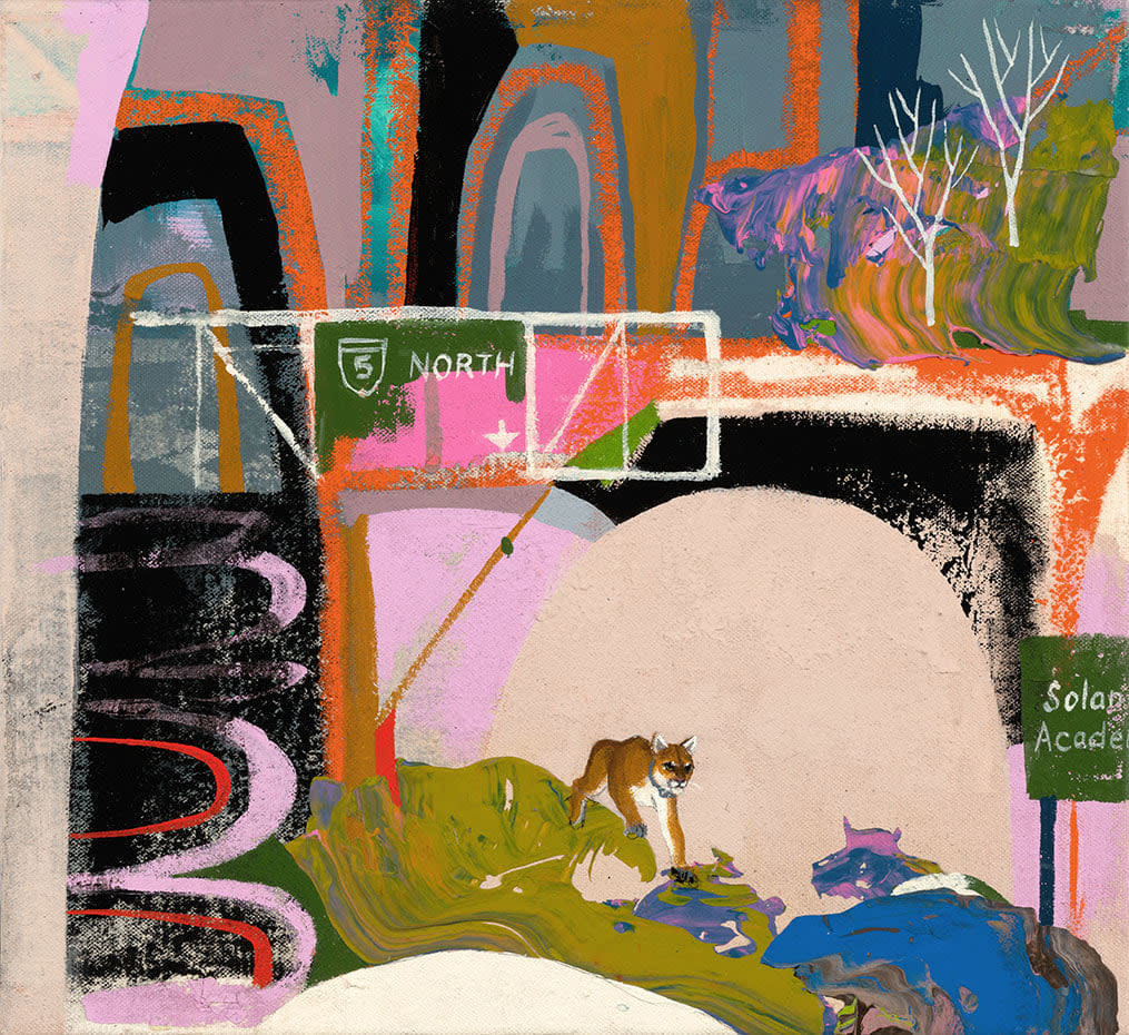 abstracted landscape with highway signs and a wild cat