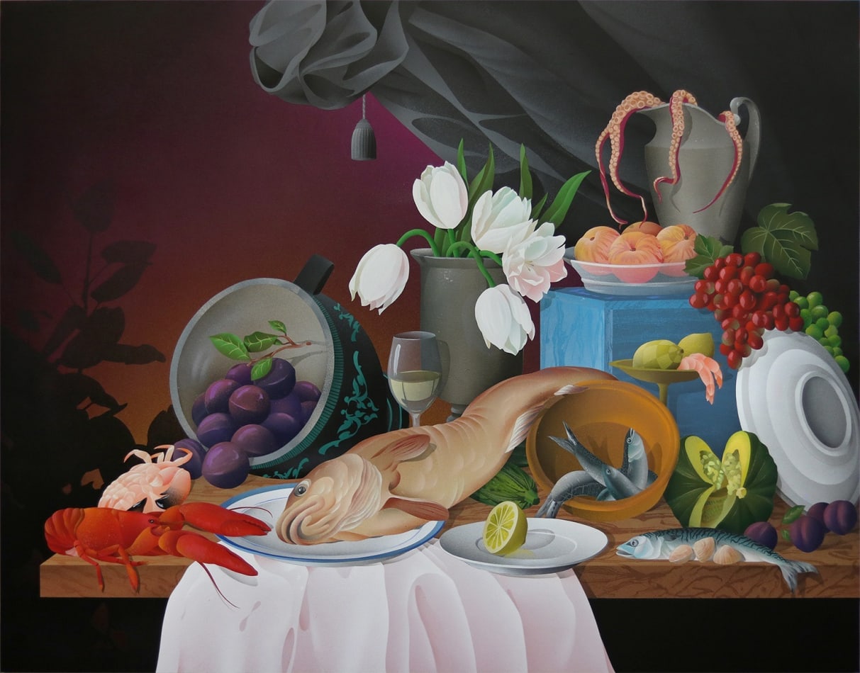 Casey Gray - Spray Painting of a table of seafood, fruit, and flowers in front of red and black background.