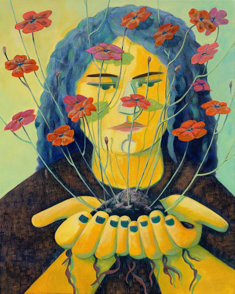 Genevieve Cohn - female figure holds hands together with red flowers blooming from small pile of dirt being held