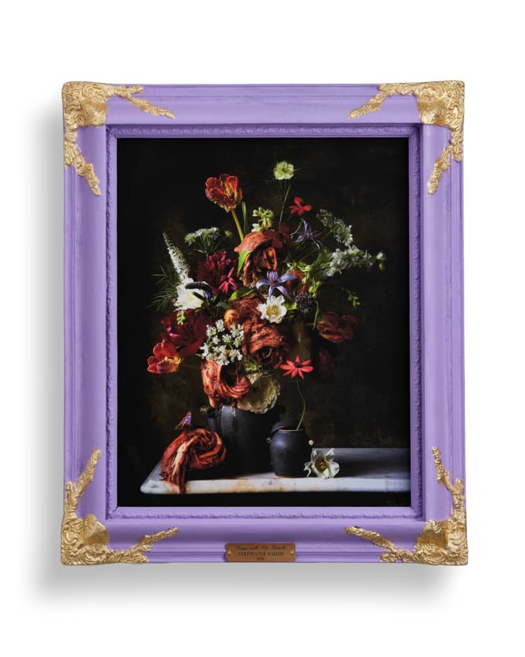 Stephanie Shih still life photograph of floral arrangement with kimchi against dark background, in custom purple frame with gold finishes