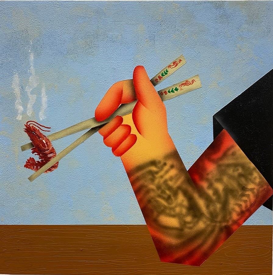 Painting of an arm holding a pair of chopsticks that are holding a steaming red shrimp.
