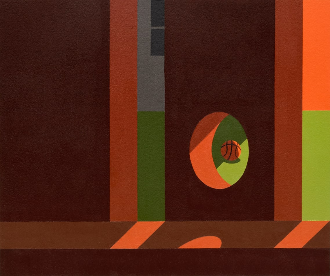 Adrian Wong painting of orange walls, one with circular hole revealing a basketball on a green lawn