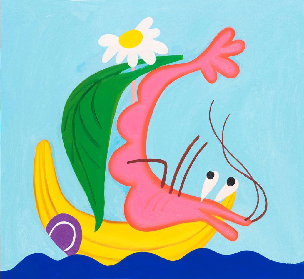 pink cartoon shrimp on sailing on a banana boat