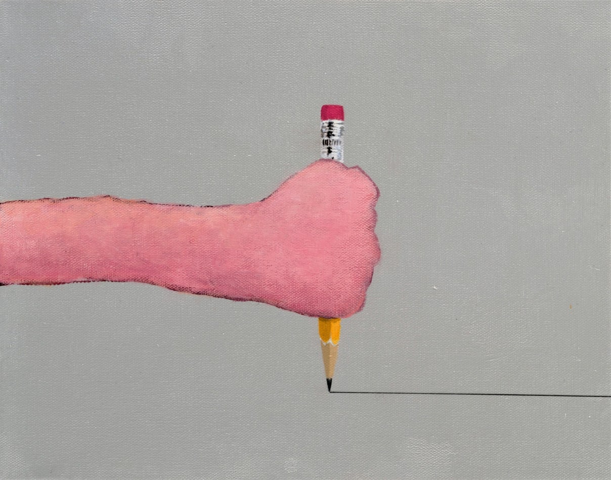 painting of a hand holding a pencil dragging it across the grey background