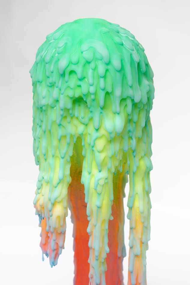 Dan Lam slime sculpture with gradient of green, red, and blue