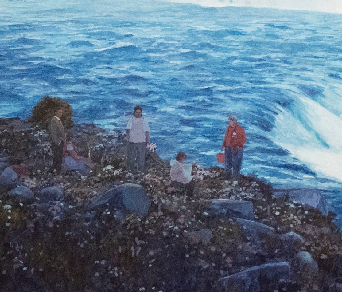 Pat Perry - painting of expansive waterfall and small figures at edge of shore along misty waterfall
