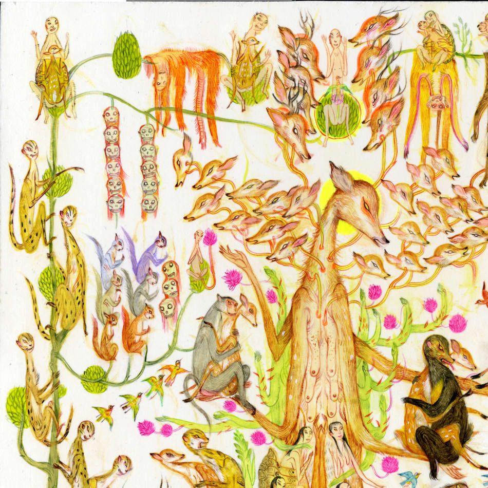 Detail shot of a painting by Mu Pan of creatures, animals and human hybrids eating, sleeping, killing, flying and climbing