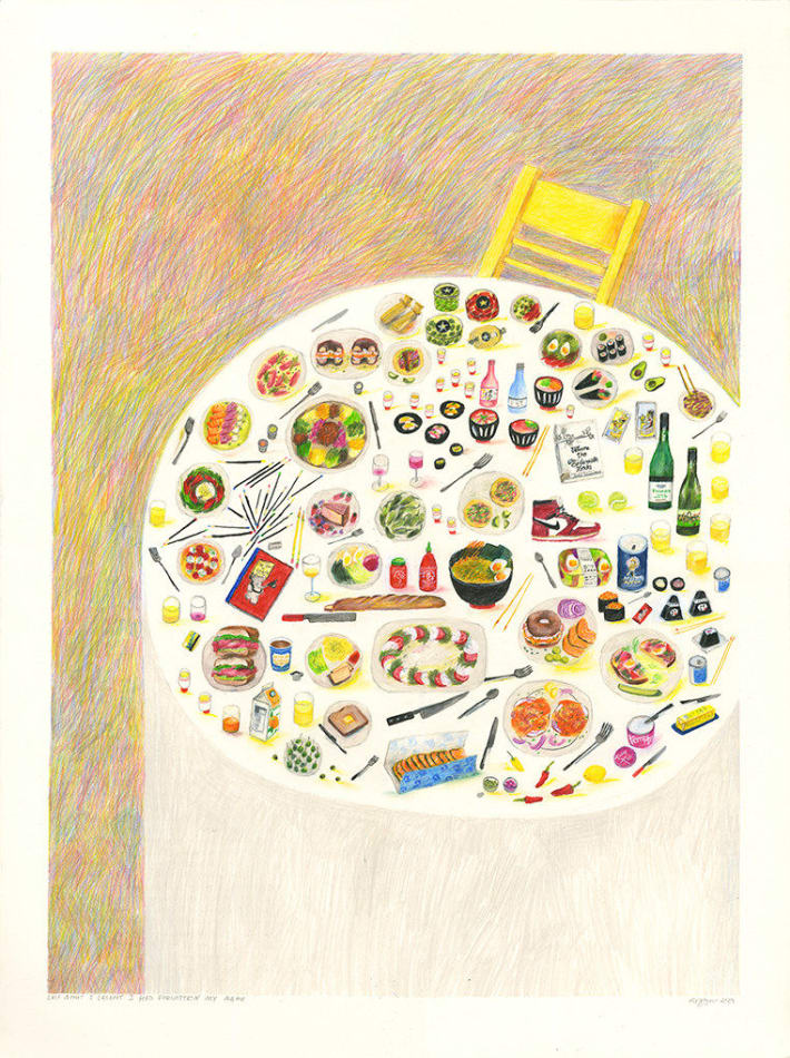 Drawing of a round table with a white table cloth covered with a bunch of food and drinks. There is a yellow chair placed on the edge of the table