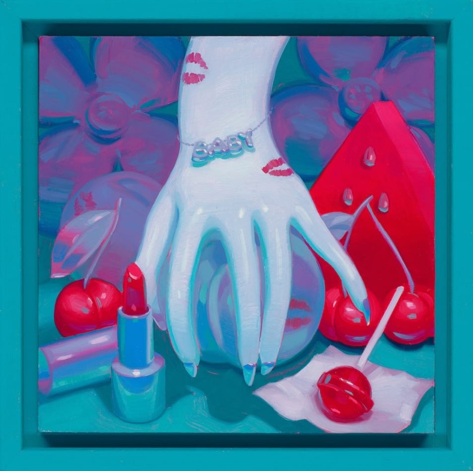 painting by Megan Ellen MacDonald depicting a hand with kiss stains reaching for fruit