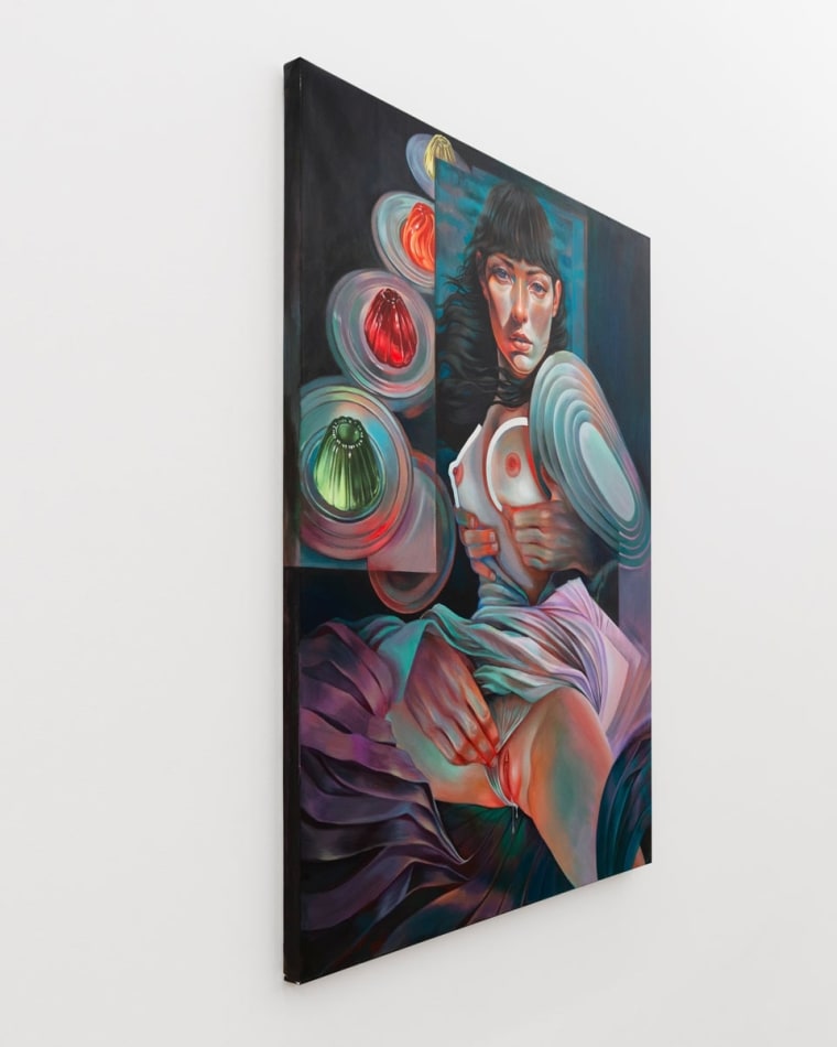 Painting of a woman's breast being held and a third hand holding her genitals. There are jello in the background