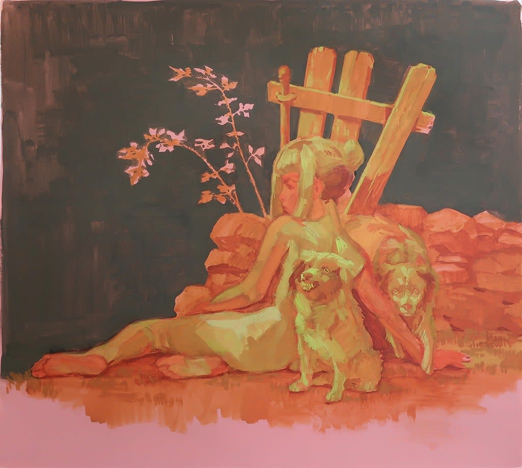 painting of a nude girl sitting on the ground next a stone wall and two dogs