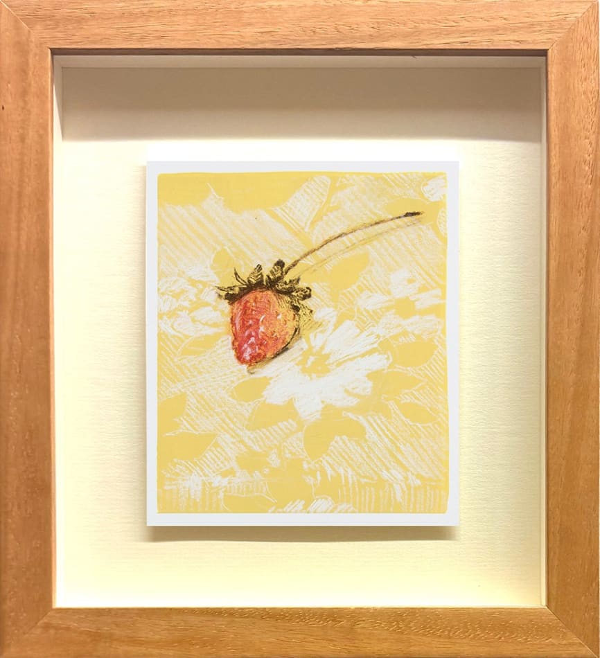 painting of a strawberry on a yellow floral background