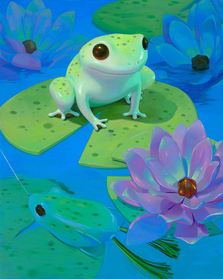 Painting of a pond filled with frogs, lily pads, and lilies by Megan Ellen MacDonald
