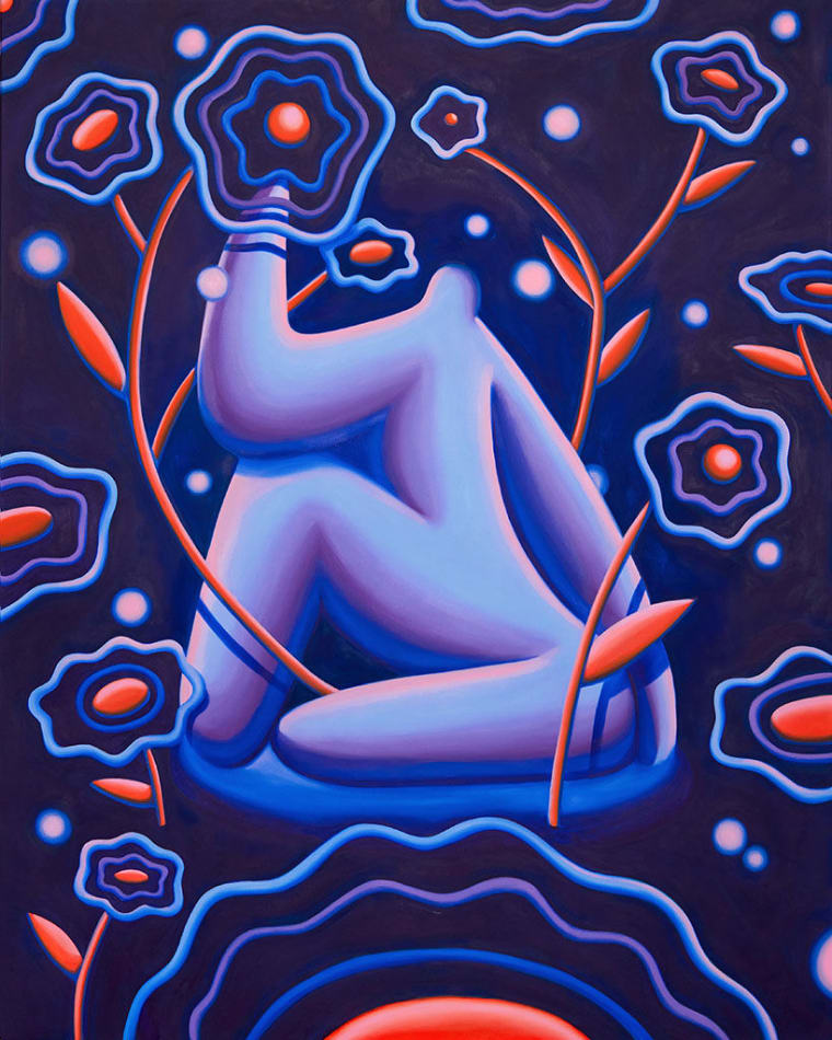 painting by Jocelyn Tsaih of a light purple figure sitting surrounded by red and blue flowers with a dark purple background