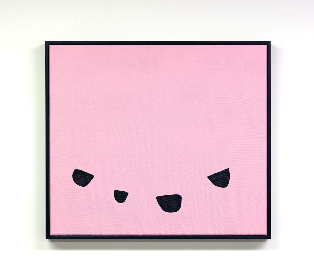 Stuart Pittman's painting if four black shapes on a pink background