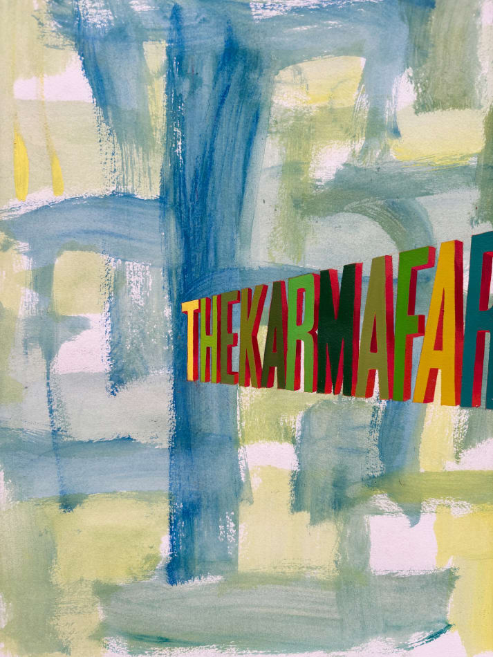 Painting with large green, yellow and blue brush stroke throughout the background with the words 