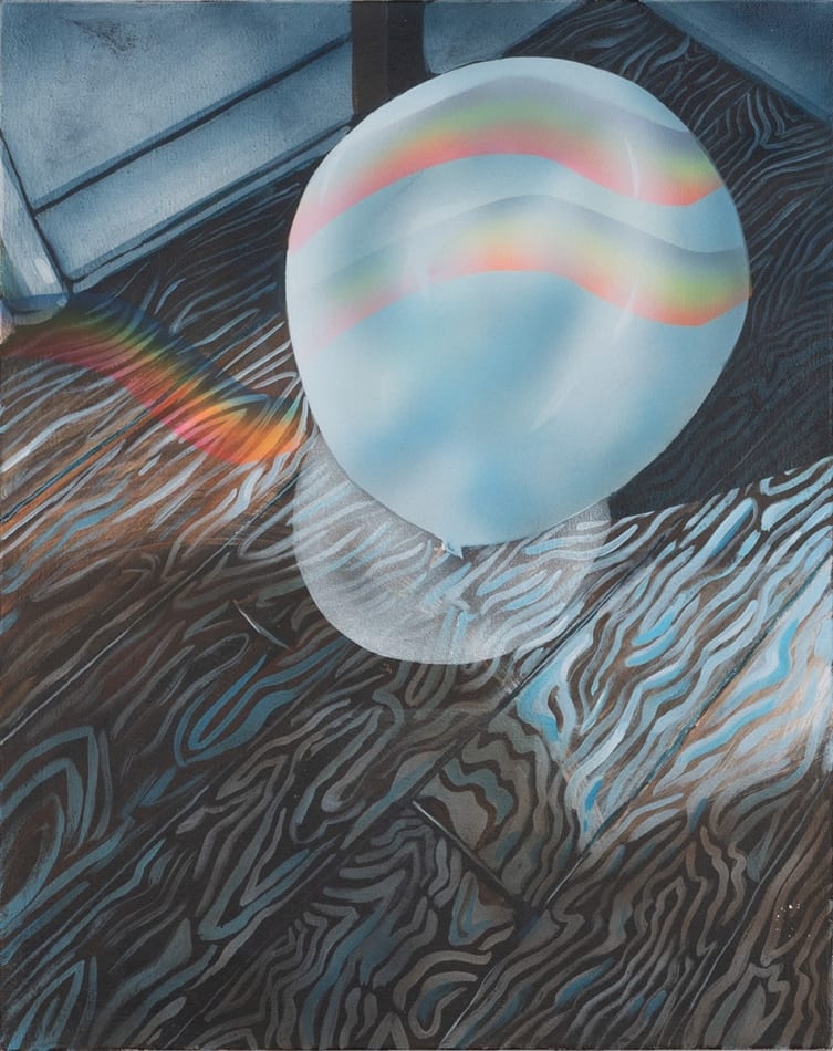 painting of a light blue balloon on a wood floor