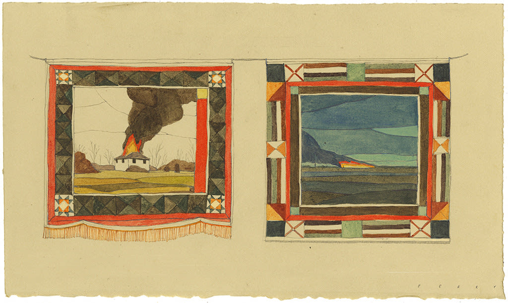 Pat Perry drawing of banners of house on fire