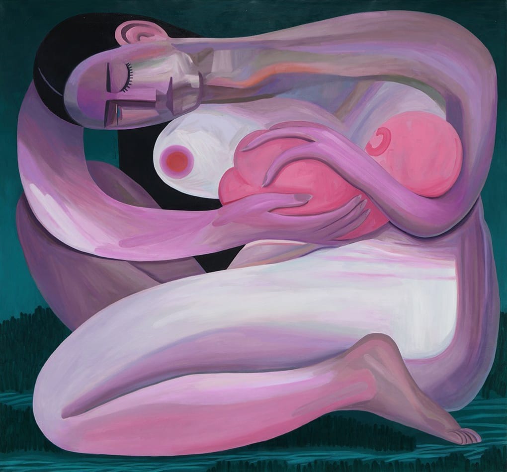 Corey K Lamb - painting of a woman in nudity crouching and kneeling on the floor holding a baby in her arms, the background is dark green in contrast to the pink tone body.