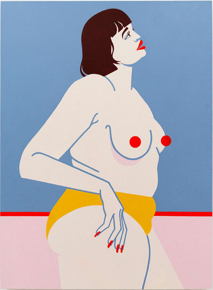Painting of topless woman in yellow underwear by Jillian Evelyn