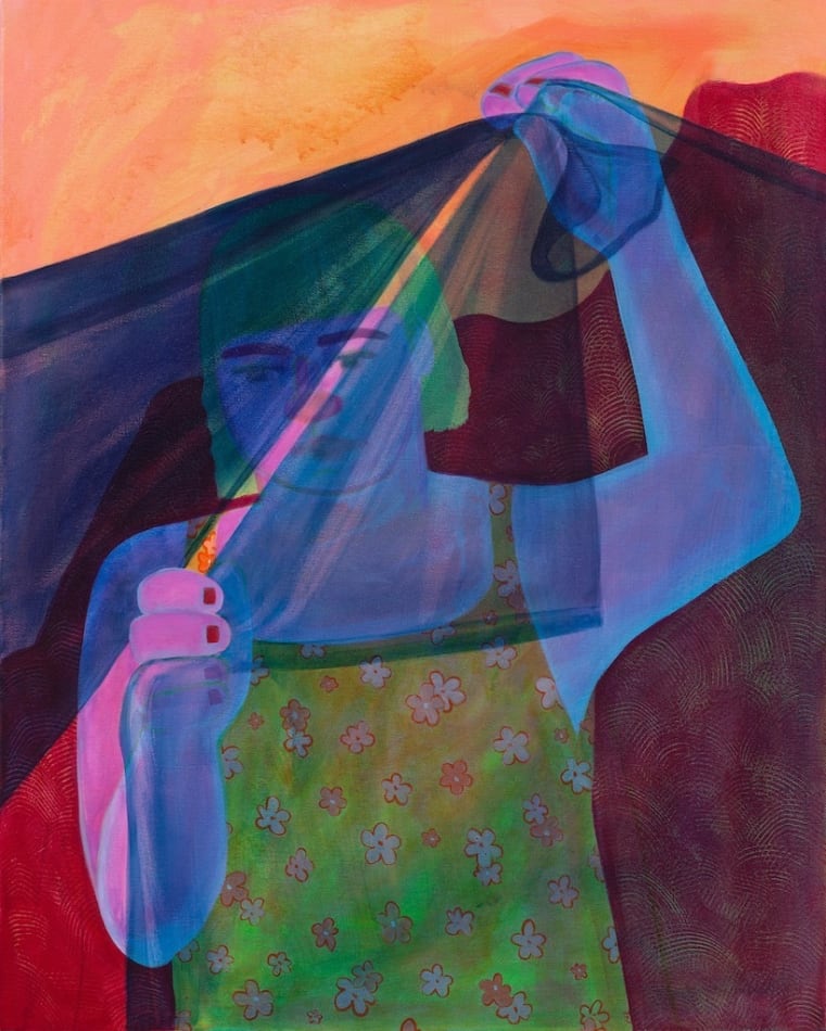 Genevieve Cohn painting of woman in bold primary colors peering through transparent curtain