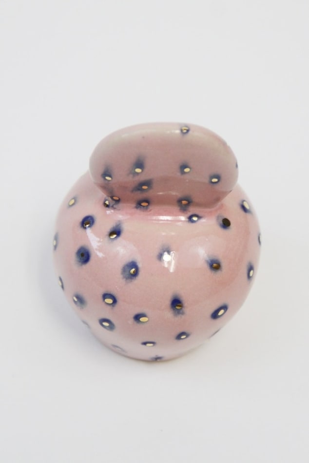Jen Dwyer sculpture of pink abstract plant with blue and gold dots