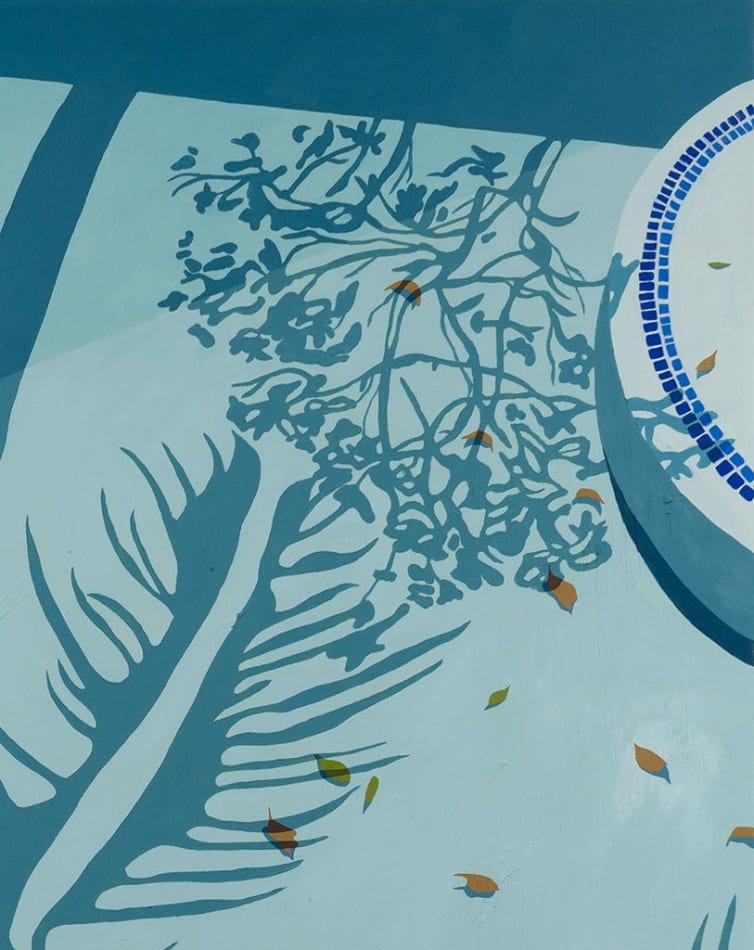 detail of Natalia Juncadella painting of blue pool with shadows cast over it