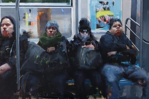 Painterly image of people riding the subway by John Wentz