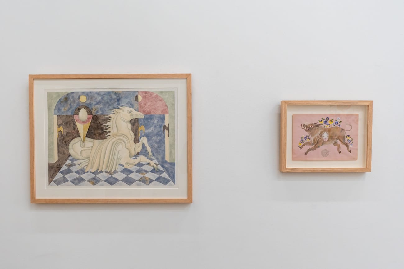 Installation image of Lou Benesch's paintings at Hashimoto Contemporary Los Angeles